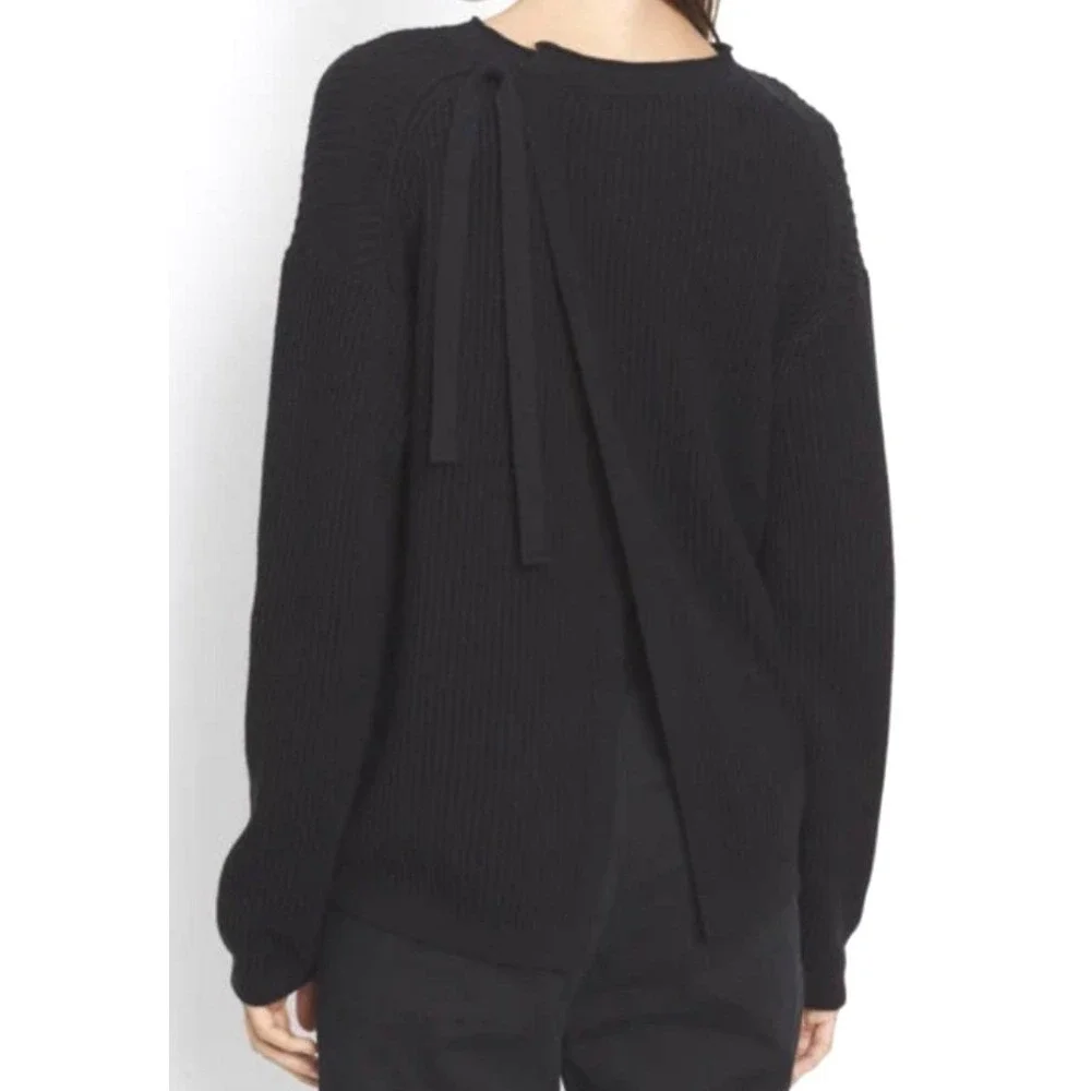 Vince Cashmere Blend Black Ribbed Knit Sweater‎ Tie Slit Back Size M chic cozy